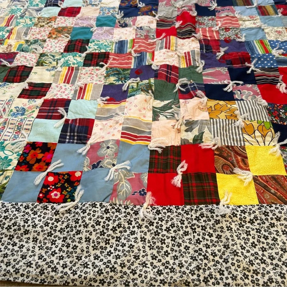 Vintage Handmade “Postage Stamp” Patchwork Quilt Multicolor Bedcover#0215265